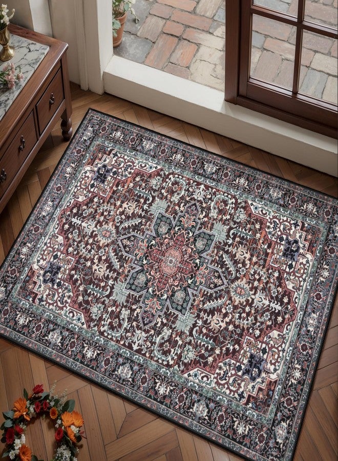 SERISSA 2x3 Rugs for Entryway, Washable Non Slip Small Area Rug Door Mat Indoor Entrance, Soft Low Pile Vintage Oriental Throw Carpet for Kitchen Bedroom Bathroom, Burgundy/Dark Teal - Image 1